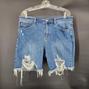 Judy Blue Shorts Womens 1XL Blue Distressed Denim Jean Cutoff Fringe Stretch